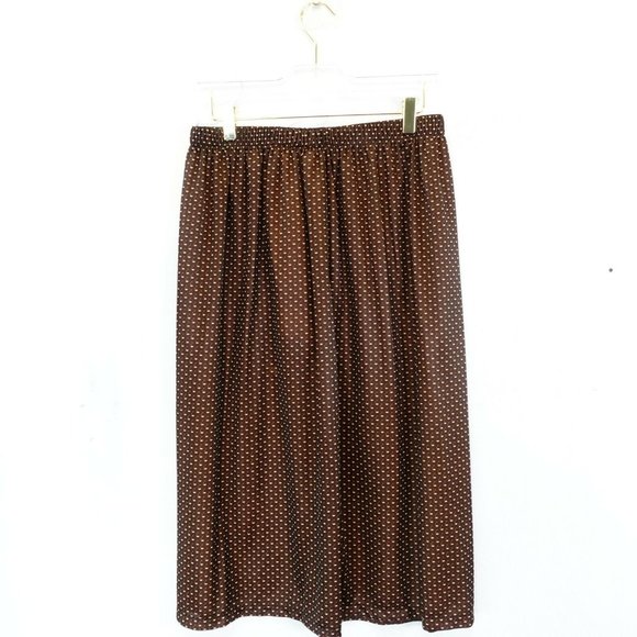 VINTAGE A Line Midi Skirt Womens M‎ Brown Swing Orange Pin Dots Boho Fall 70s - Picture 1 of 7